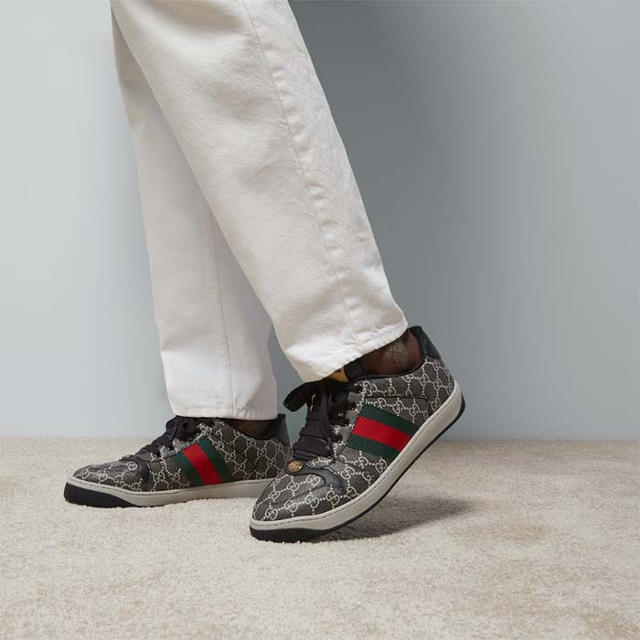 Gucci Unisex Screener Sneaker Black Grey GG Supreme Canvas Rubber Sole Low Heel Style ‎763525 FACMI 8444