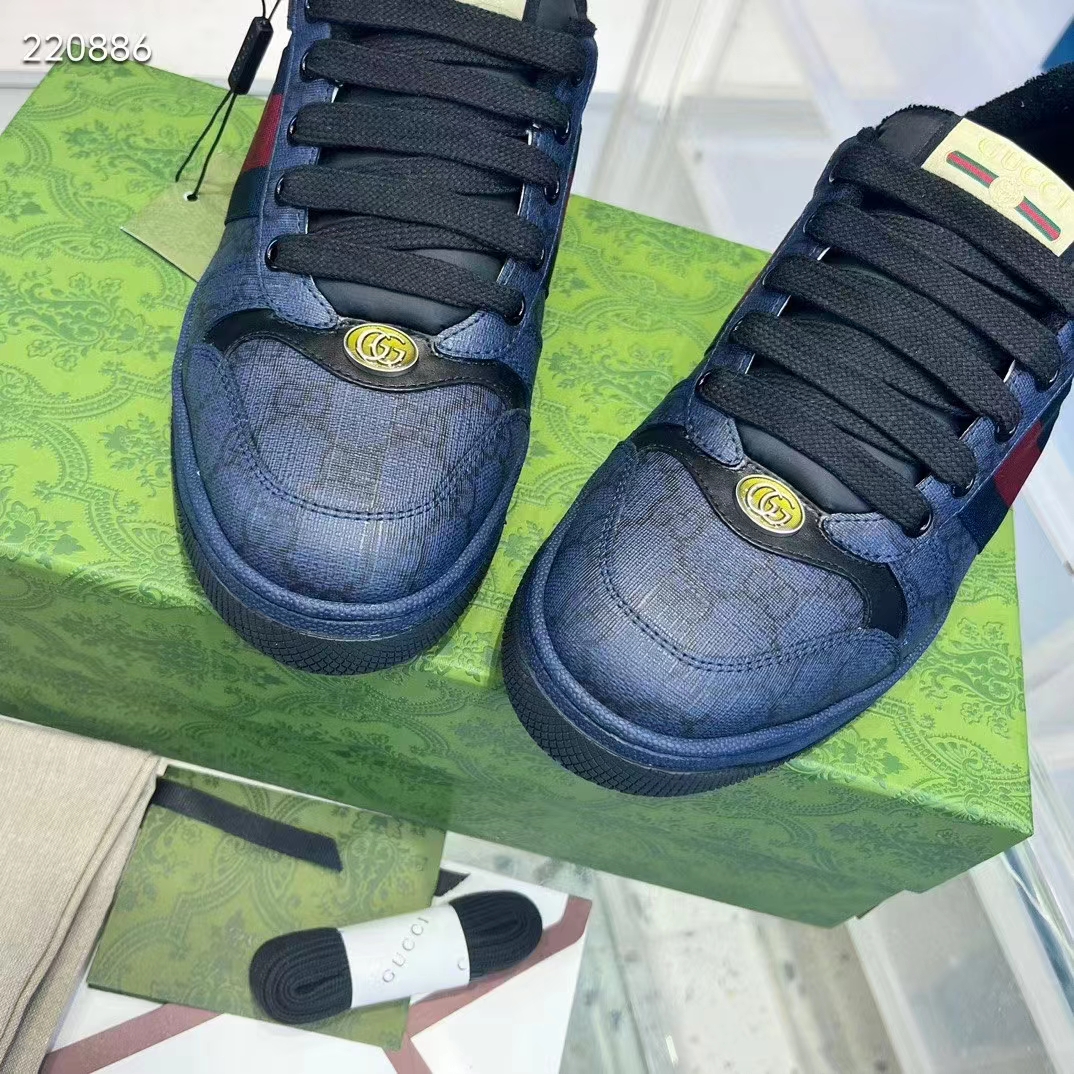 Gucci Unisex Screener Sneaker Dark Blue GG Supreme Canvas Rubber Sole Low Heel Style ‎763525 FACMI 8443 (1)