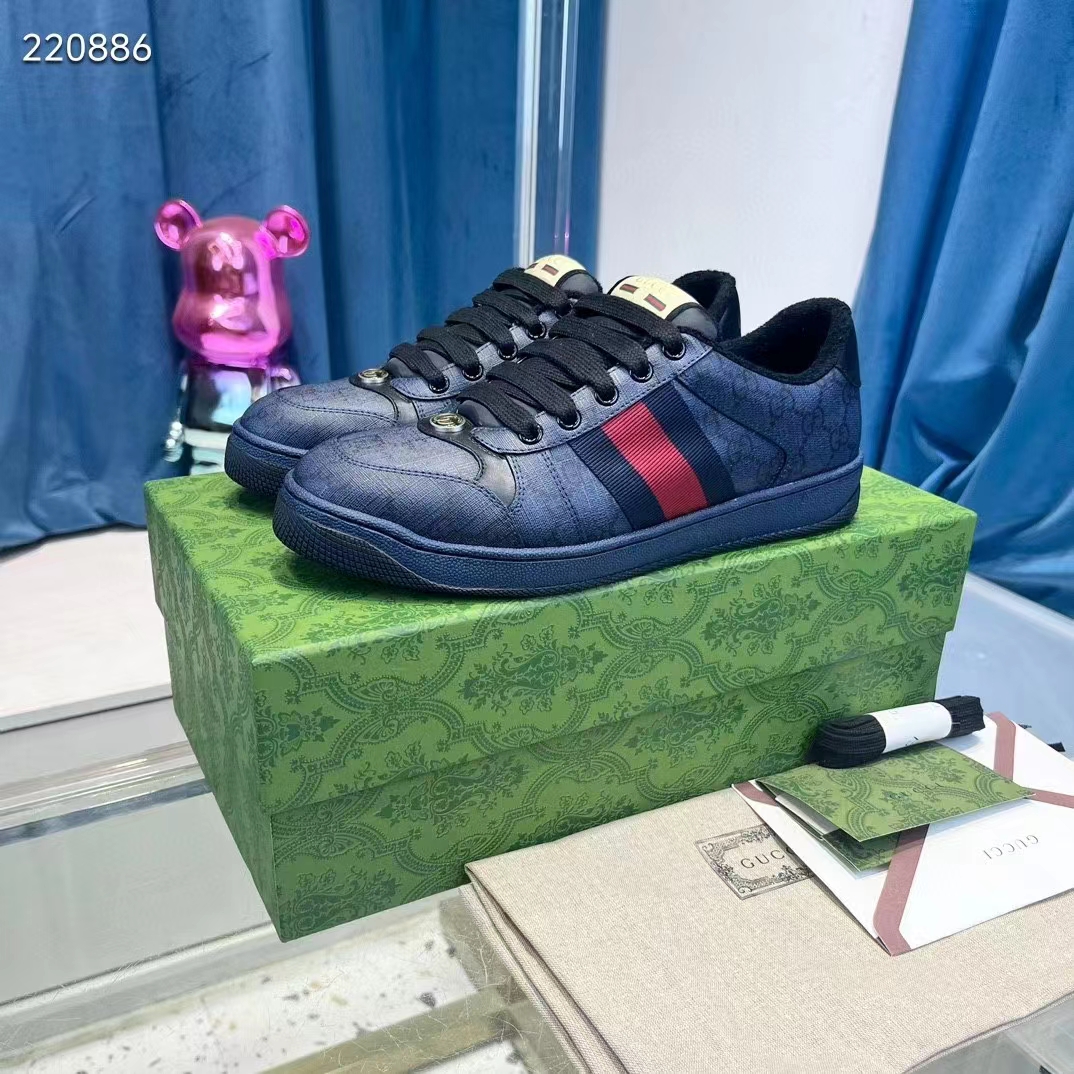Gucci Unisex Screener Sneaker Dark Blue GG Supreme Canvas Rubber Sole Low Heel Style ‎763525 FACMI 8443 (6)
