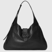 Gucci Women GG Aphrodite Large Shoulder Bag Black Soft Leather Moiré Lining (8)