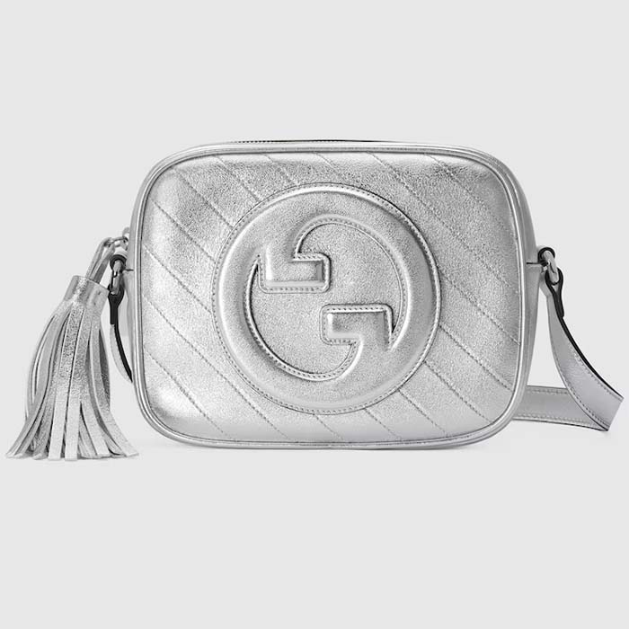 Gucci Women GG Blondie Small Shoulder Bag Metallic Silver Leather Zipper Closure
