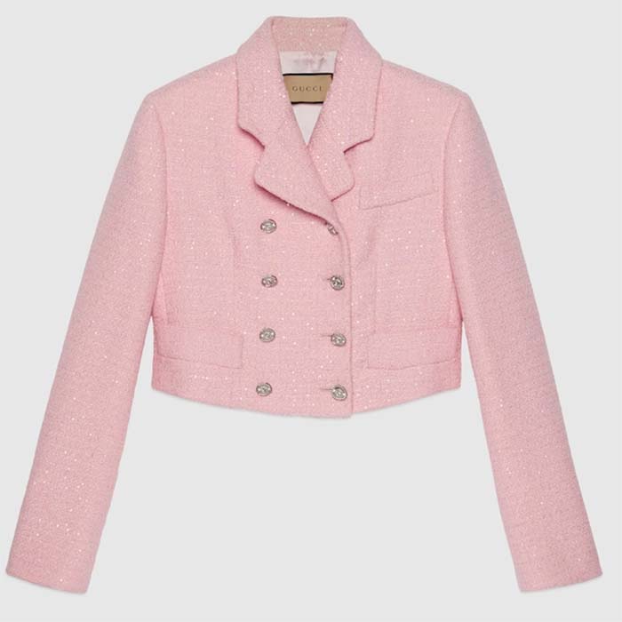 Gucci Women GG Cropped Tweed Jacket Sequins Pink Lined Square Notch Collar Style ‎771480 ZAPKK 5901