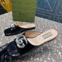 Gucci Women GG Double G Slide Sandal Black Patent Leather Crystals Leather Sole Flat (5)