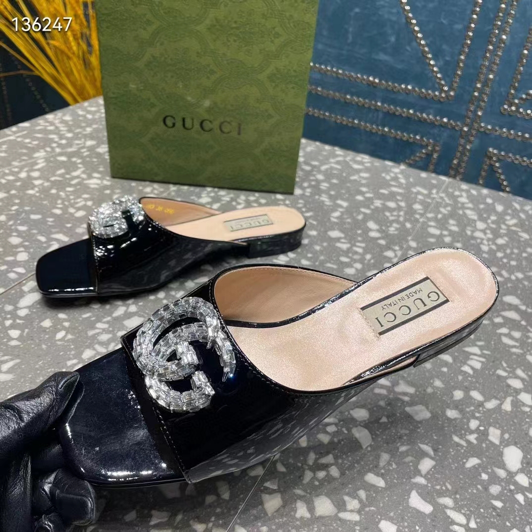 Gucci Women GG Double G Slide Sandal Black Patent Leather Crystals Leather Sole Flat (1)