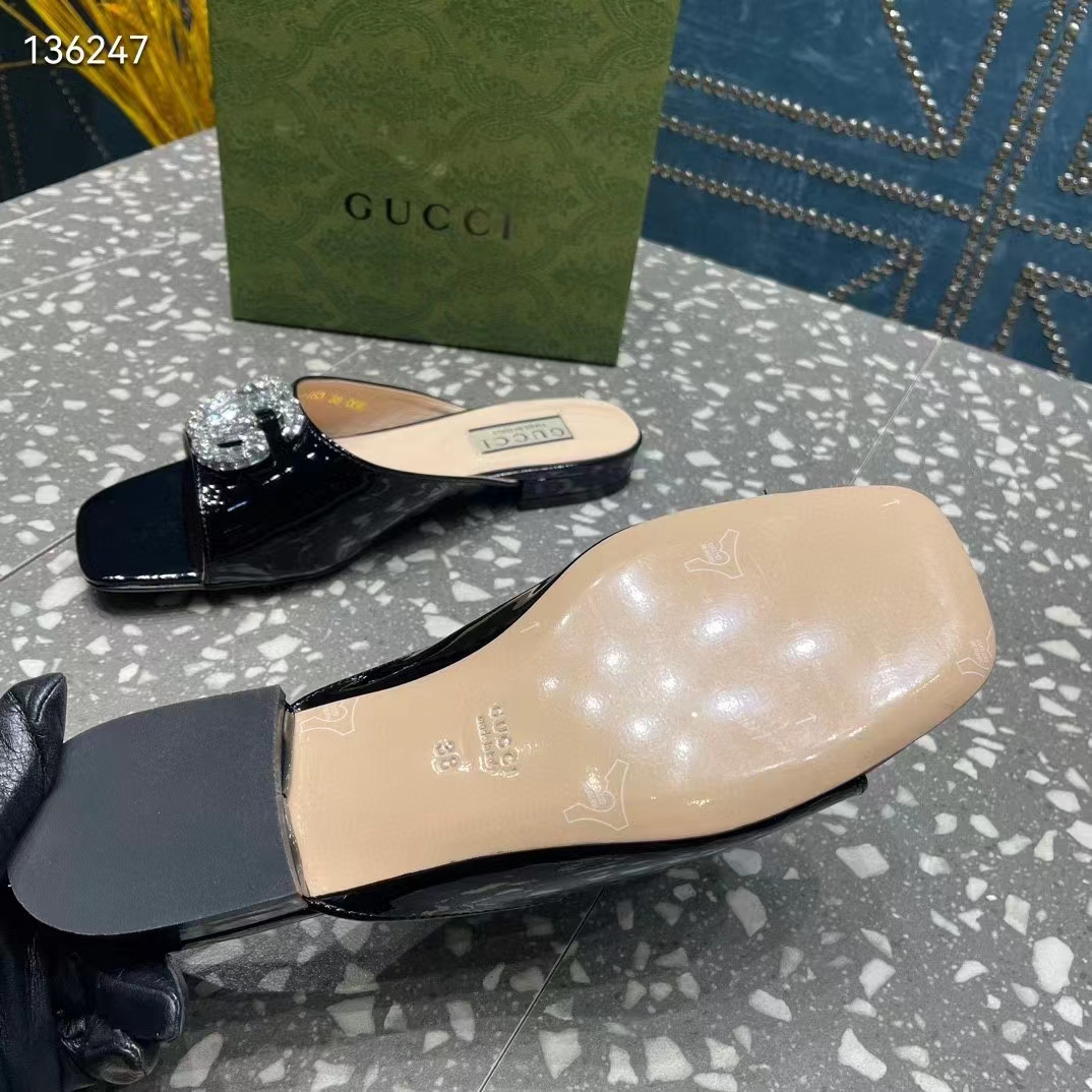 Gucci Women GG Double G Slide Sandal Black Patent Leather Crystals Leather Sole Flat (10)