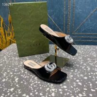 Gucci Women GG Double G Slide Sandal Black Patent Leather Crystals Leather Sole Flat (5)