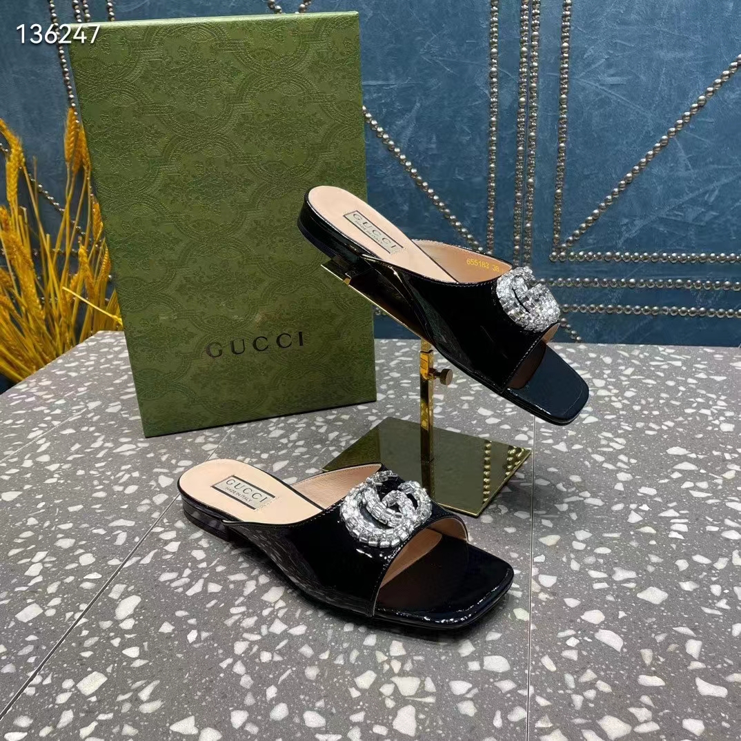 Gucci Women GG Double G Slide Sandal Black Patent Leather Crystals Leather Sole Flat (11)