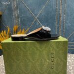 Gucci Women GG Double G Slide Sandal Black Patent Leather Crystals Leather Sole Flat – Image 3