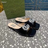 Gucci Women GG Double G Slide Sandal Black Patent Leather Crystals Leather Sole Flat (5)