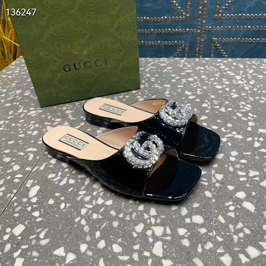 Gucci Women GG Double G Slide Sandal Black Patent Leather Crystals Leather Sole Flat (3)