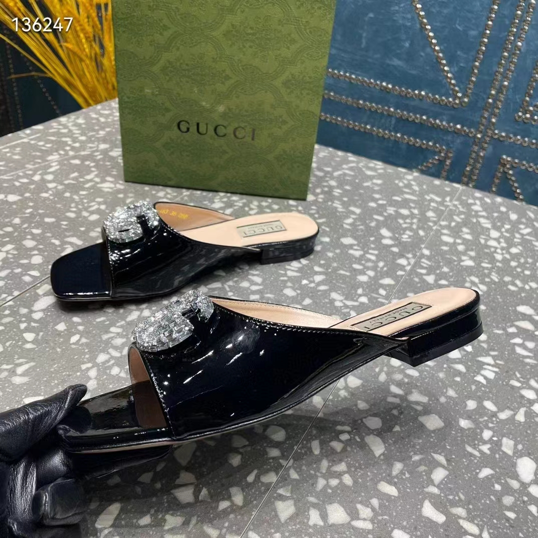 Gucci Women GG Double G Slide Sandal Black Patent Leather Crystals Leather Sole Flat (4)