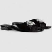 Gucci Women GG Double G Slide Sandal Black Patent Leather Crystals Leather Sole Flat (5)