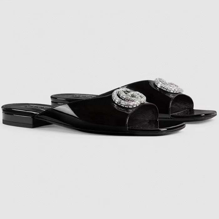 Gucci Women GG Double G Slide Sandal Black Patent Leather Crystals Leather Sole Flat