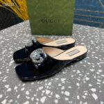 Gucci Women GG Double G Slide Sandal Black Patent Leather Crystals Leather Sole Flat – Image 7