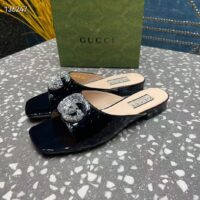 Gucci Women GG Double G Slide Sandal Black Patent Leather Crystals Leather Sole Flat (5)