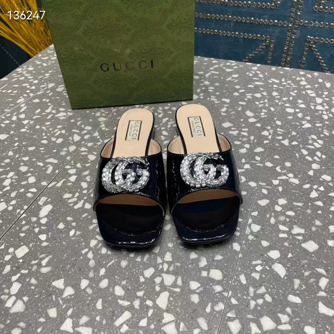 Gucci Women GG Double G Slide Sandal Black Patent Leather Crystals Leather Sole Flat (9)