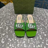 Gucci Women GG Double G Slide Sandal Green Patent Leather Crystals Leather Sole Flat (11)