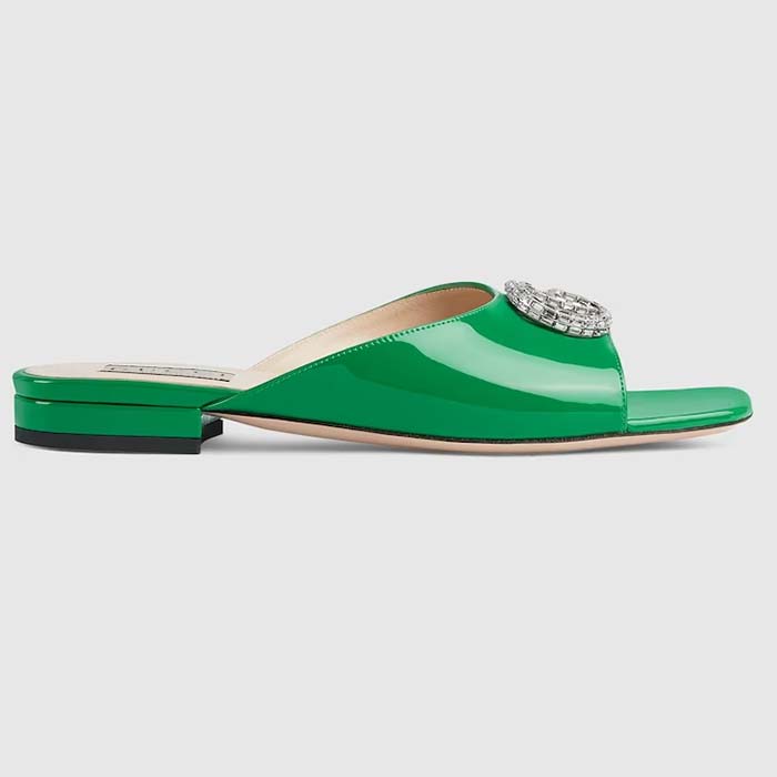 Gucci Women GG Double G Slide Sandal Green Patent Leather Crystals Leather Sole Flat