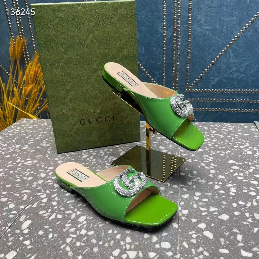 Gucci Women GG Double G Slide Sandal Green Patent Leather Crystals Leather Sole Flat (3)