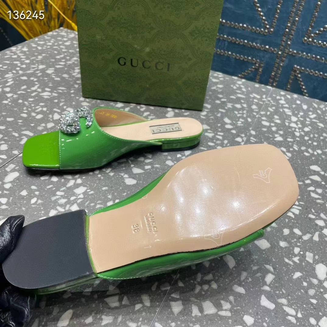 Gucci Women GG Double G Slide Sandal Green Patent Leather Crystals Leather Sole Flat (5)