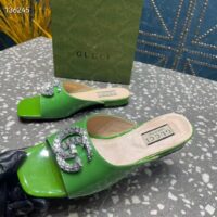 Gucci Women GG Double G Slide Sandal Green Patent Leather Crystals Leather Sole Flat (11)