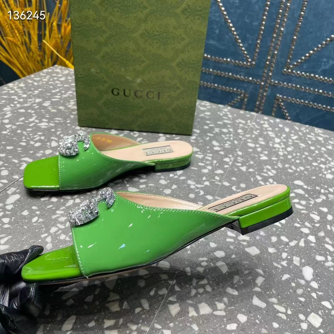 Gucci Women GG Double G Slide Sandal Green Patent Leather Crystals Leather Sole Flat (7)