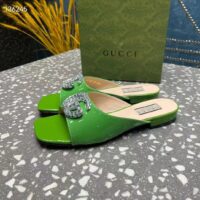 Gucci Women GG Double G Slide Sandal Green Patent Leather Crystals Leather Sole Flat (11)