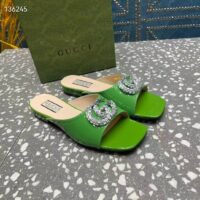 Gucci Women GG Double G Slide Sandal Green Patent Leather Crystals Leather Sole Flat (11)