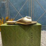 Gucci Women GG Double G Slide Sandal Metallic Gold Leather Crystals Leather Sole Flat Style ‎771586 B8B00 8053 - Image 2