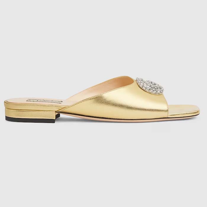 Gucci Women GG Double G Slide Sandal Metallic Gold Leather Crystals Leather Sole Flat Style ‎771586 B8B00 8053