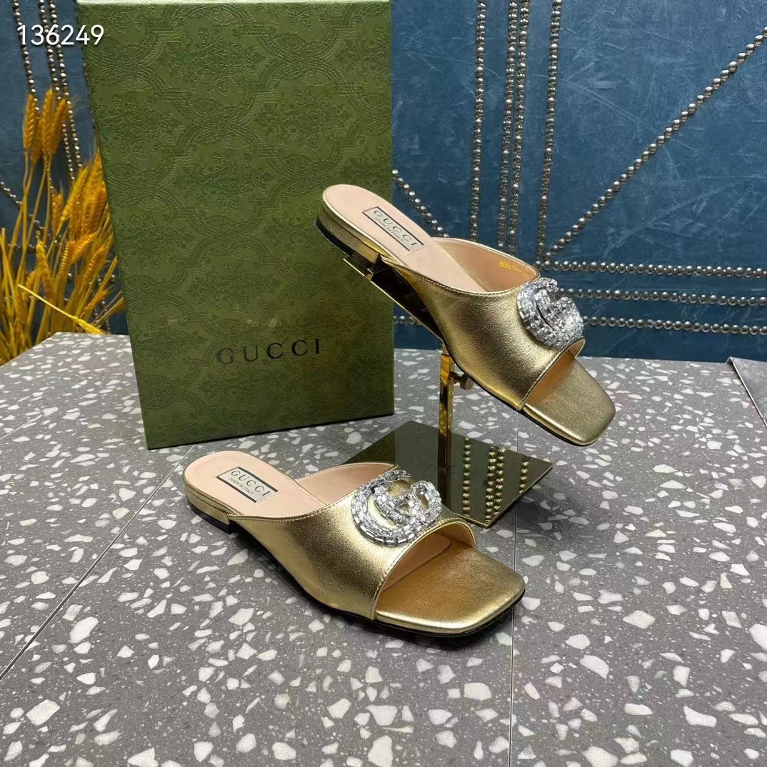 Gucci Women GG Double G Slide Sandal Metallic Gold Leather Crystals Leather Sole Flat Style ‎771586 B8B00 8053 (2)