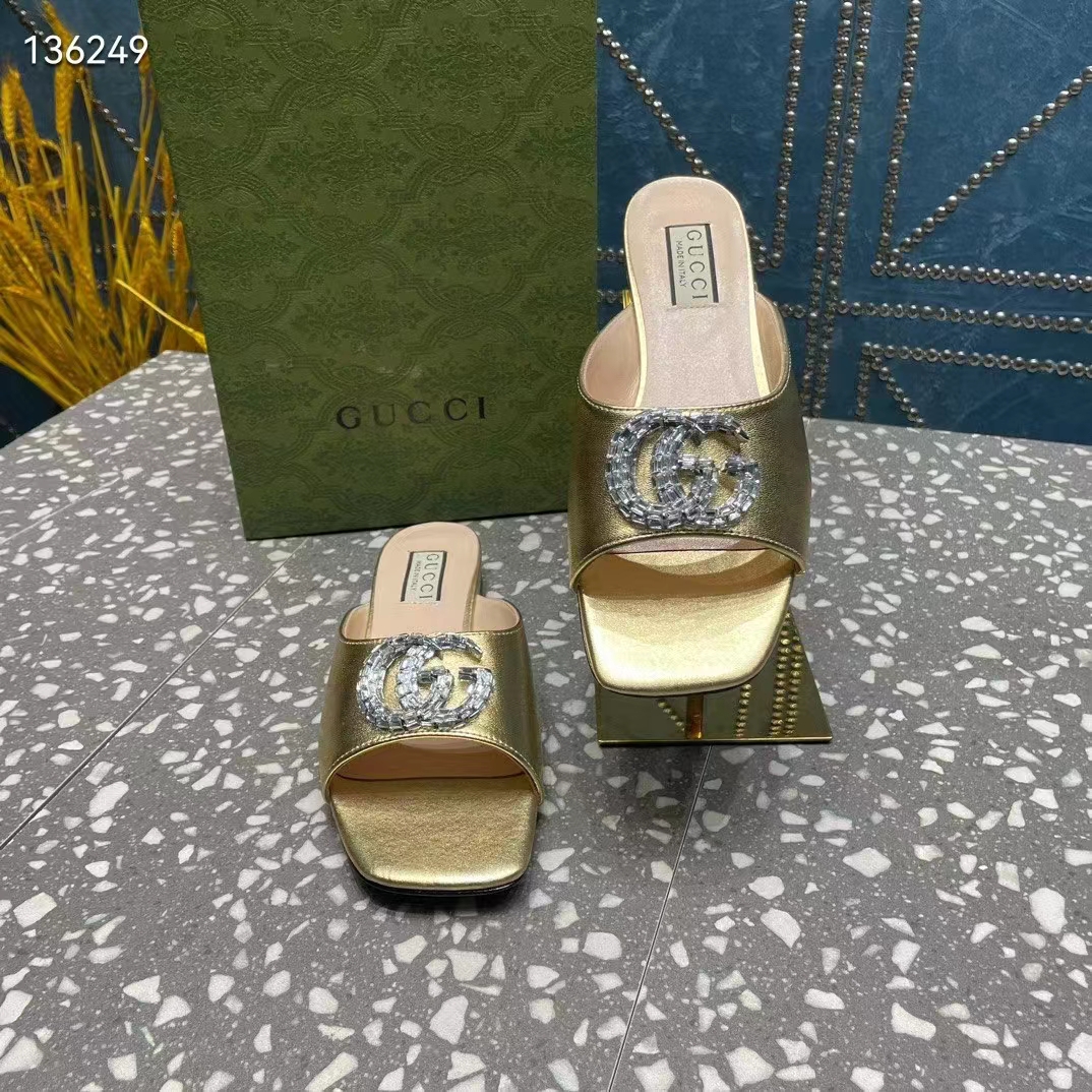 Gucci Women GG Double G Slide Sandal Metallic Gold Leather Crystals Leather Sole Flat Style ‎771586 B8B00 8053 (3)