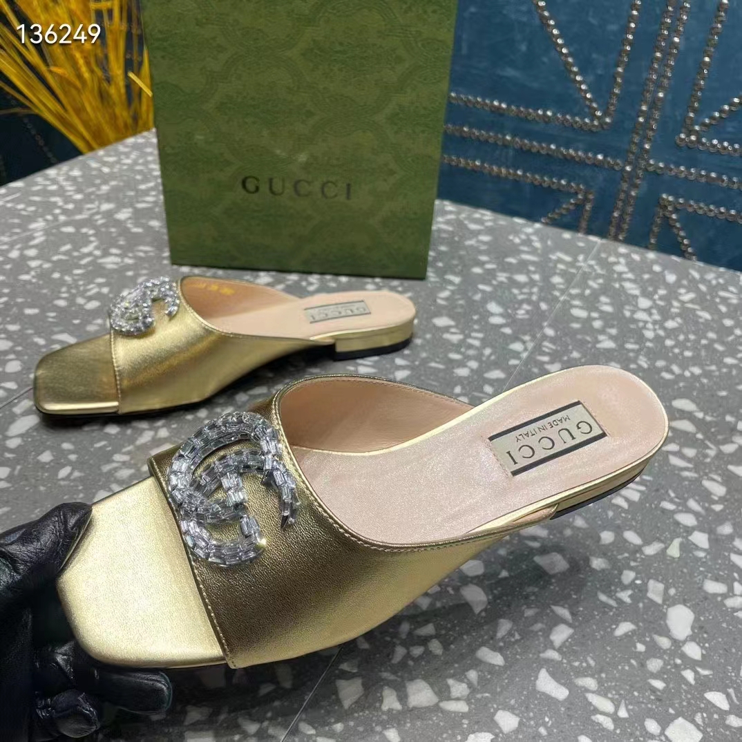 Gucci Women GG Double G Slide Sandal Metallic Gold Leather Crystals Leather Sole Flat Style ‎771586 B8B00 8053 (5)
