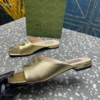 Gucci Women GG Double G Slide Sandal Metallic Gold Leather Crystals Leather Sole Flat Style ‎771586 B8B00 8053 (10)