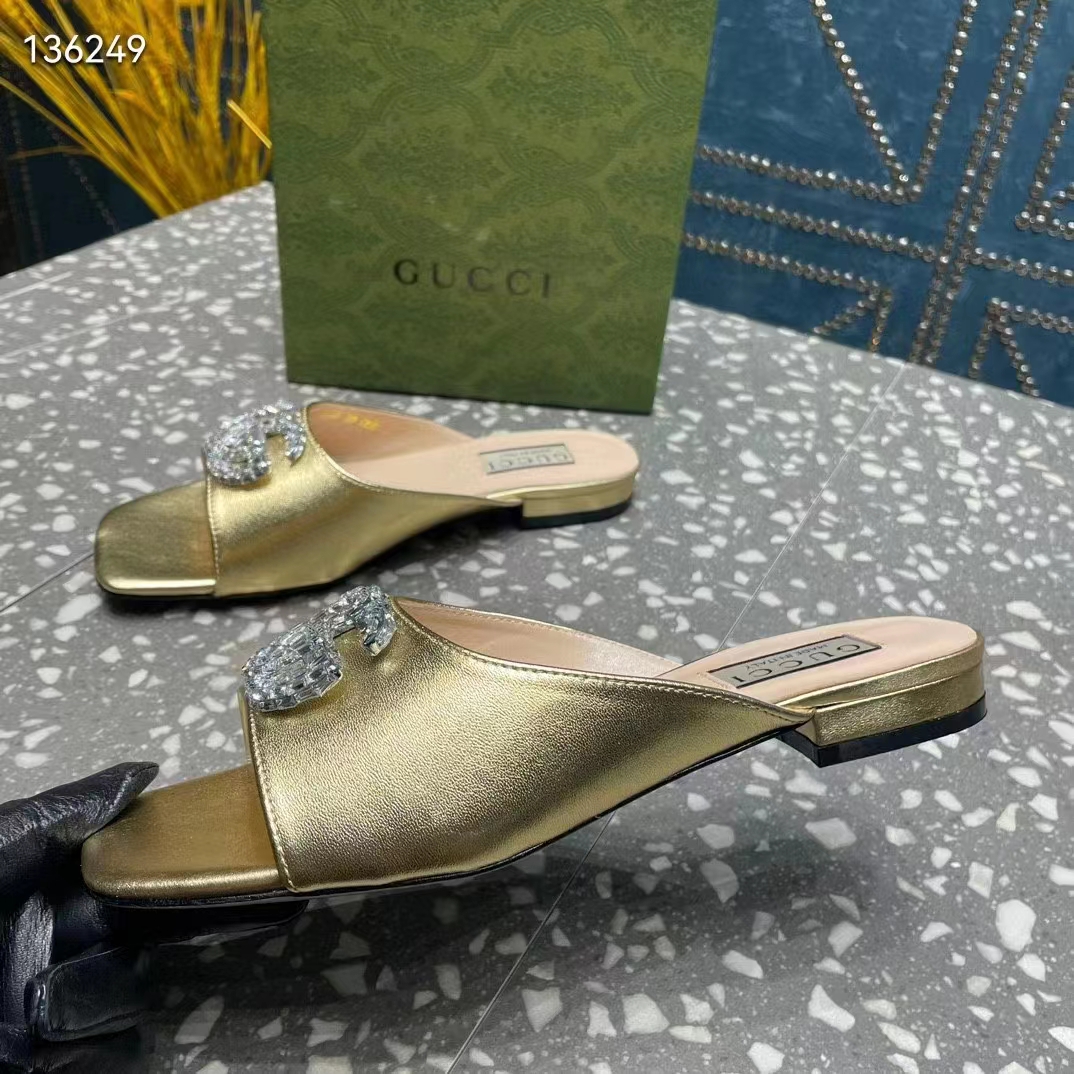 Gucci Women GG Double G Slide Sandal Metallic Gold Leather Crystals Leather Sole Flat Style ‎771586 B8B00 8053 (6)