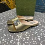 Gucci Women GG Double G Slide Sandal Metallic Gold Leather Crystals Leather Sole Flat Style ‎771586 B8B00 8053 - Image 8