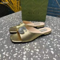 Gucci Women GG Double G Slide Sandal Metallic Gold Leather Crystals Leather Sole Flat Style ‎771586 B8B00 8053 (10)