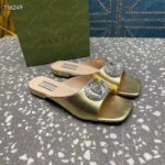 Gucci Women GG Double G Slide Sandal Metallic Gold Leather Crystals Leather Sole Flat Style ‎771586 B8B00 8053 - Image 3