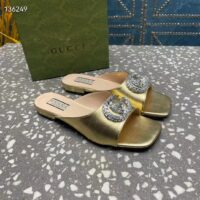 Gucci Women GG Double G Slide Sandal Metallic Gold Leather Crystals Leather Sole Flat Style ‎771586 B8B00 8053 (10)