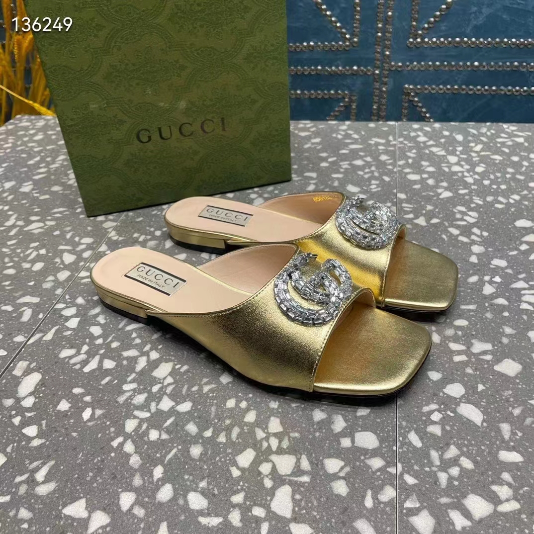 Gucci Women GG Double G Slide Sandal Metallic Gold Leather Crystals Leather Sole Flat Style ‎771586 B8B00 8053 (8)