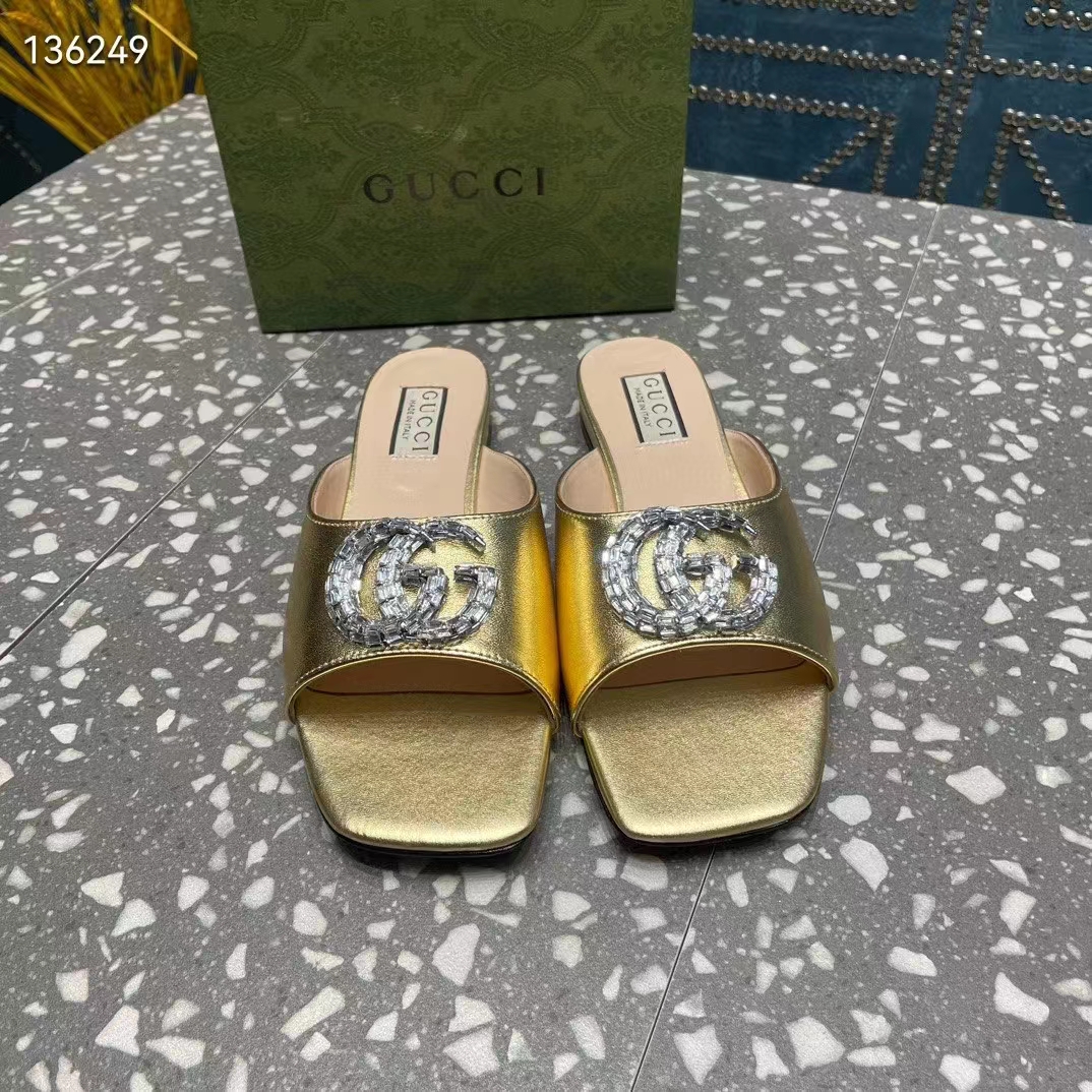 Gucci Women GG Double G Slide Sandal Metallic Gold Leather Crystals Leather Sole Flat Style ‎771586 B8B00 8053 (9)