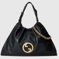 Gucci Women GG Gucci Blondie Large Tote Bag Black Leather Round Interlocking G Magnetic Closure (5)