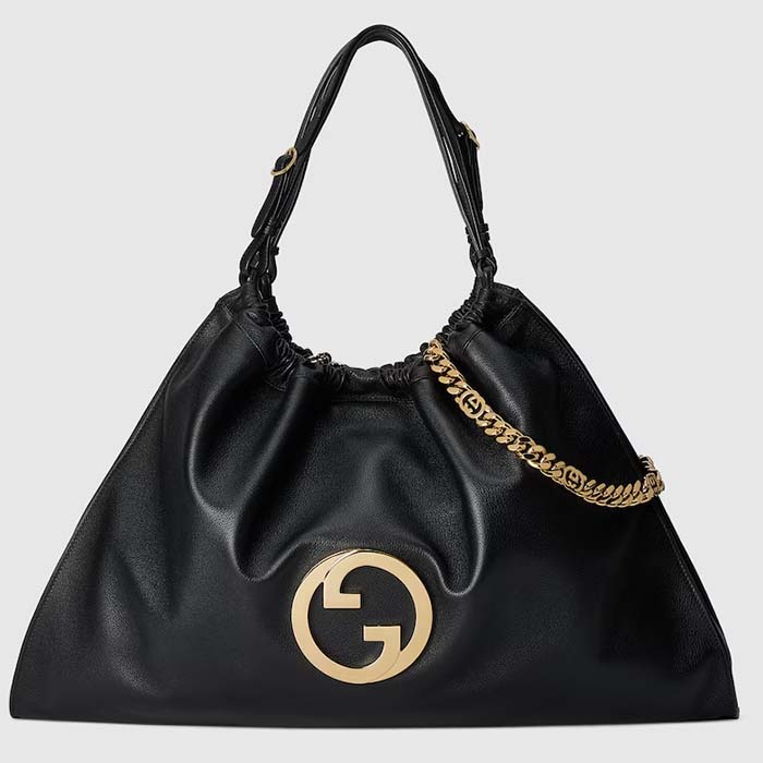 Gucci Unisex GG Gucci Blondie Large Tote Bag Black Leather Round Interlocking G Magnetic Closure