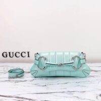 Gucci Women GG Horsebit Chain Small Shoulder Bag Light Blue Quilted Leather Maxi Horsebit (3)