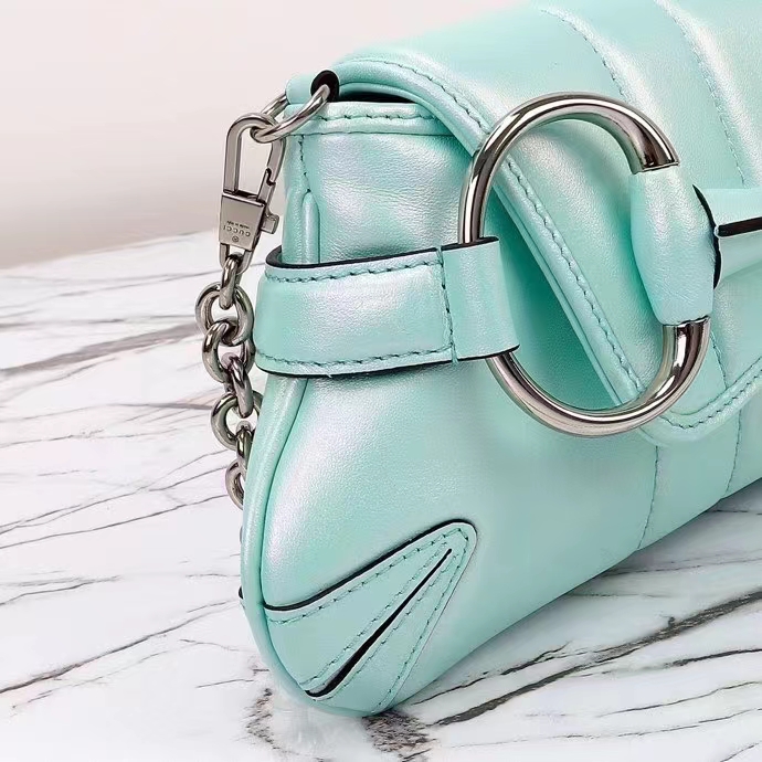 Gucci Women GG Horsebit Chain Small Shoulder Bag Light Blue Quilted Leather Maxi Horsebit (11)