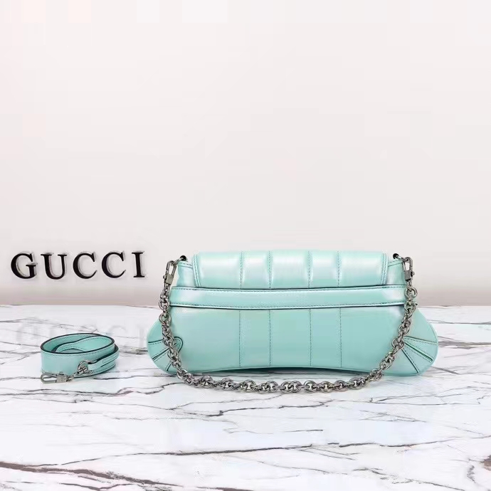 Gucci Women GG Horsebit Chain Small Shoulder Bag Light Blue Quilted Leather Maxi Horsebit (12)