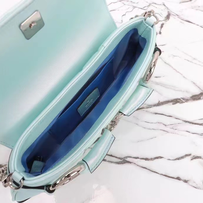 Gucci Women GG Horsebit Chain Small Shoulder Bag Light Blue Quilted Leather Maxi Horsebit (2)