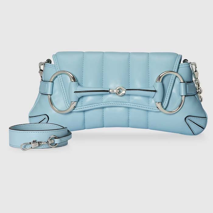 Gucci Women GG Horsebit Chain Small Shoulder Bag Light Blue Quilted Leather Maxi Horsebit