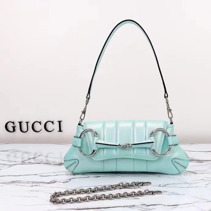 Gucci Women GG Horsebit Chain Small Shoulder Bag Light Blue Quilted Leather Maxi Horsebit (5)
