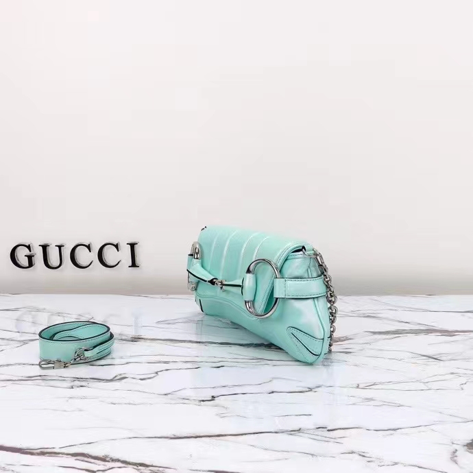 Gucci Women GG Horsebit Chain Small Shoulder Bag Light Blue Quilted Leather Maxi Horsebit (6)
